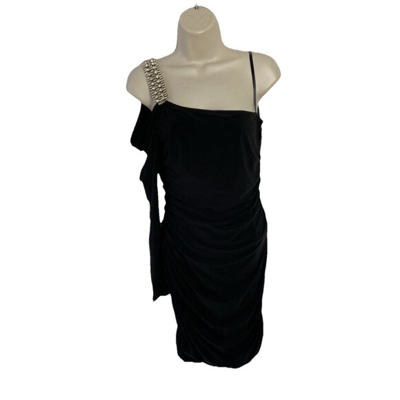 Little black dress sz L Cocktail Evening Ruched One Shoulder rhinestone Deb - Picture 1 of 7